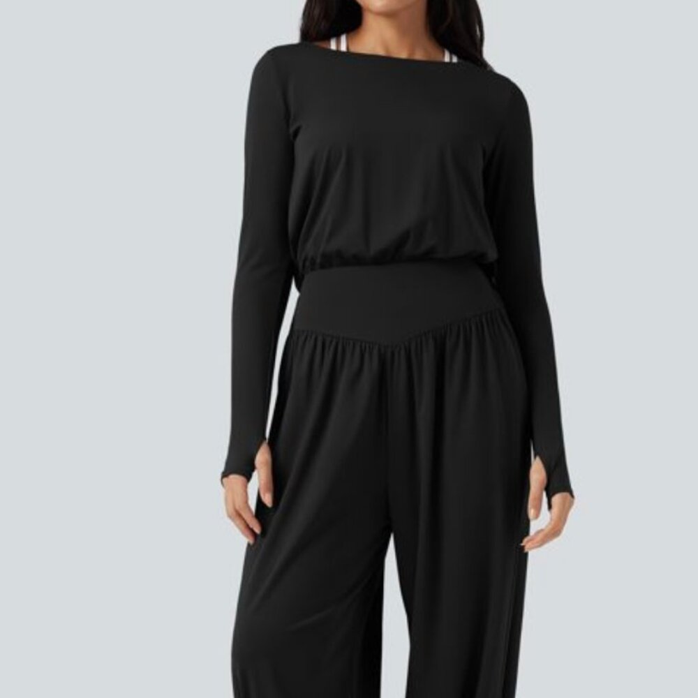 SoftlyZero™ Airy Cut-out Back Long Sleeve Thumb Holes Yoga Jumpsuit with Pockets